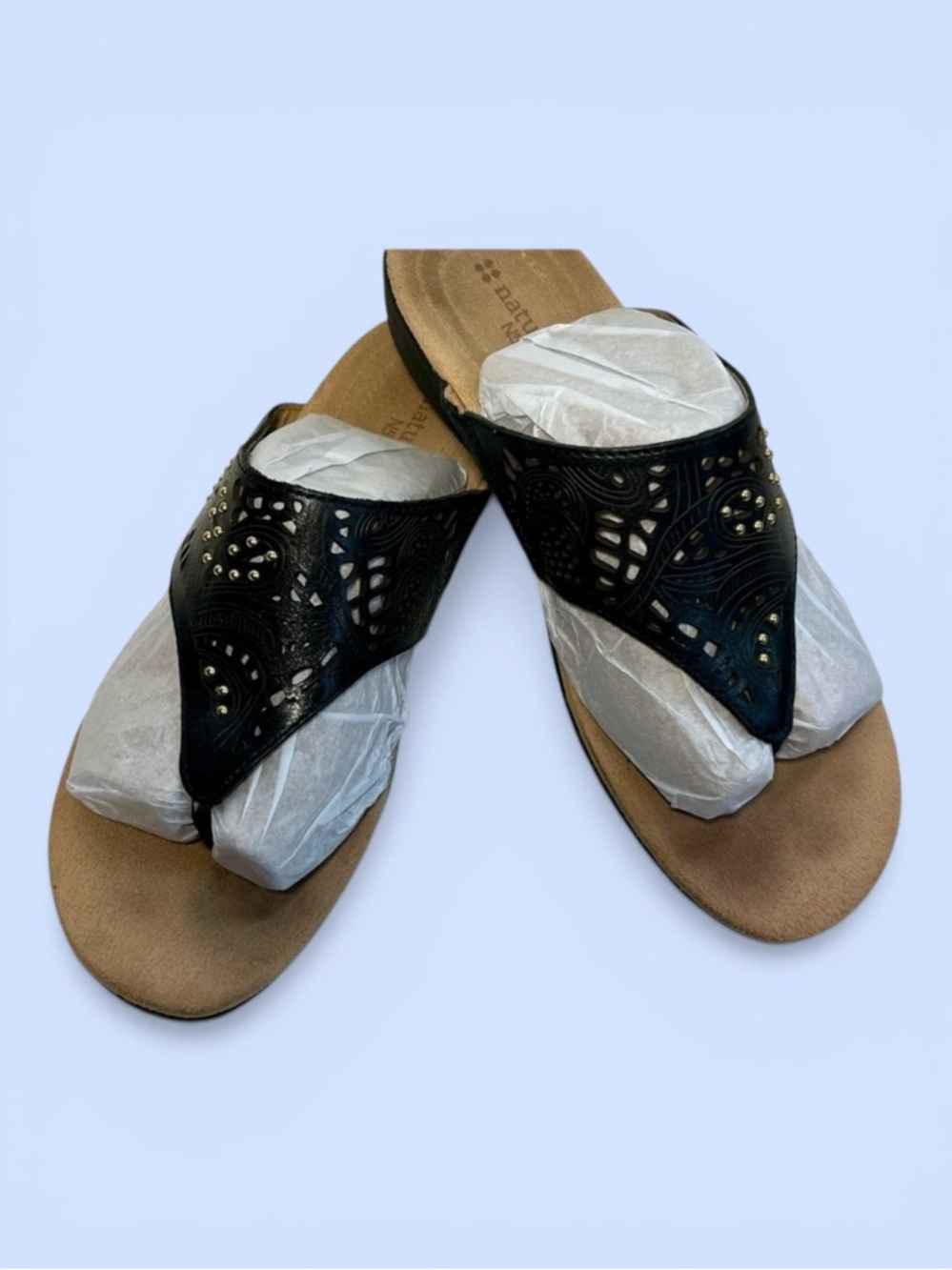 naturalizer N5‎ Comfort Wedge Sandals Flip Flops Tooled Pierced Blk Leather Sz 6